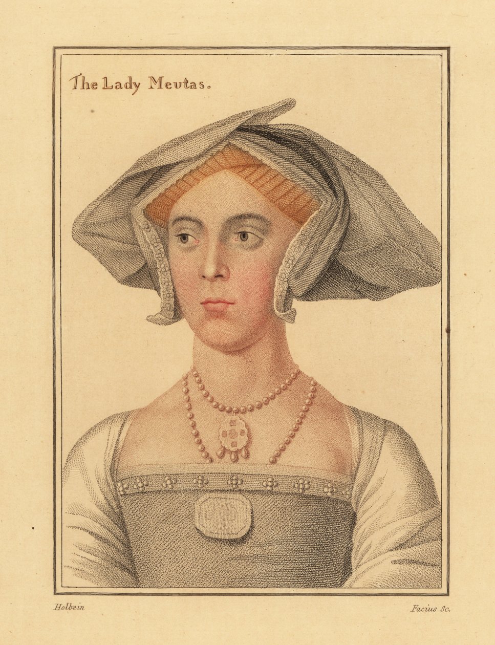 Joan, Lady Meutas, dam som väntar på Jane Seymour. ,1812 (gravyr) av Hans (after) Holbein the Younger