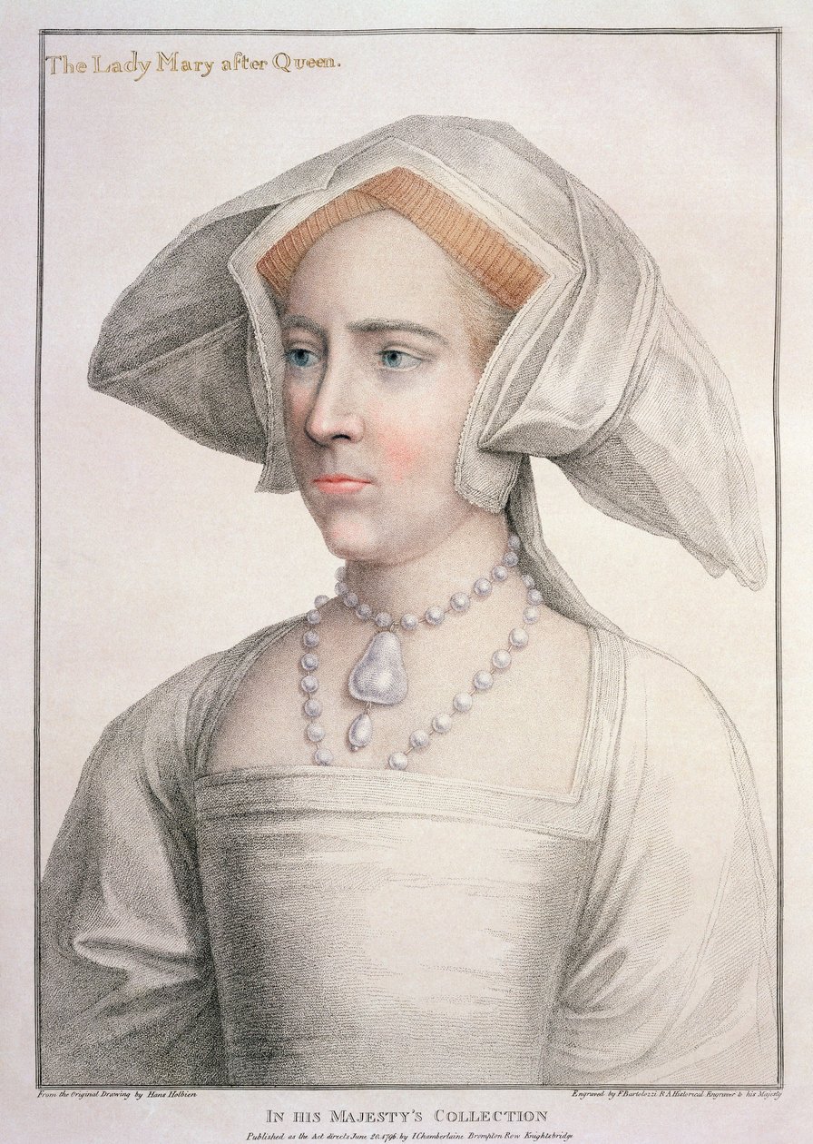 Mary Tudor (1516-58) graverad av Francesco Bartolozzi (1727-1815) (gravyr) av Hans (after) Holbein the Younger