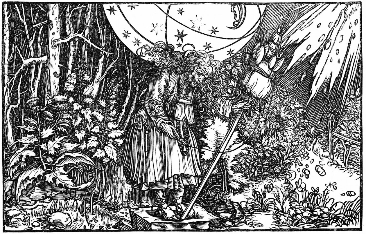 Gammal kvinna (häxa eller älva) som snurrar av Hans (after) Holbein the Younger