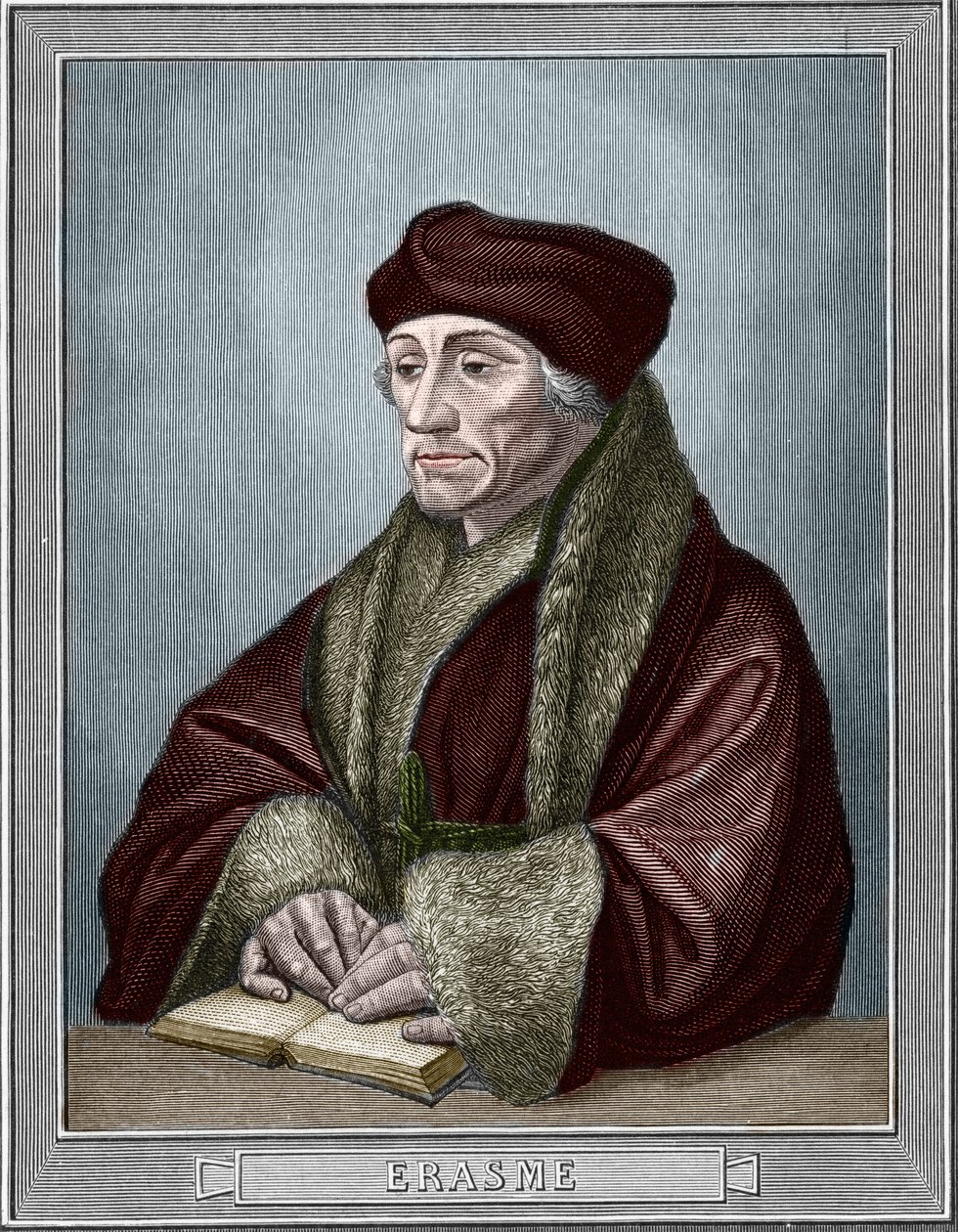 Porträtt av Didier Erasme (Erasmus av Rotterdam) (1469 - 1536), holländsk humanist. Gravyr efter originalet av Holbein Hans den unge (1497-1543). Gravyr av 1859 i "" gallerierna i Europa - Italien "" av armengaud. Privat samling. av Hans (after) Holbein the Younger