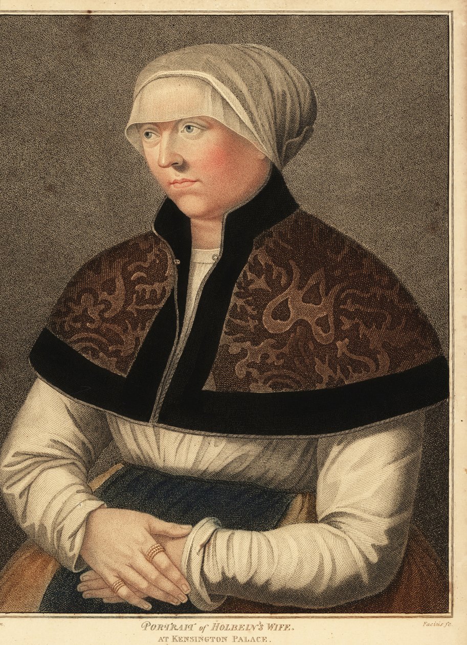 Porträtt av Hans Holbeins fru Elsbeth på Kensington Palace. ,1812 (gravyr) av Hans (after) Holbein the Younger