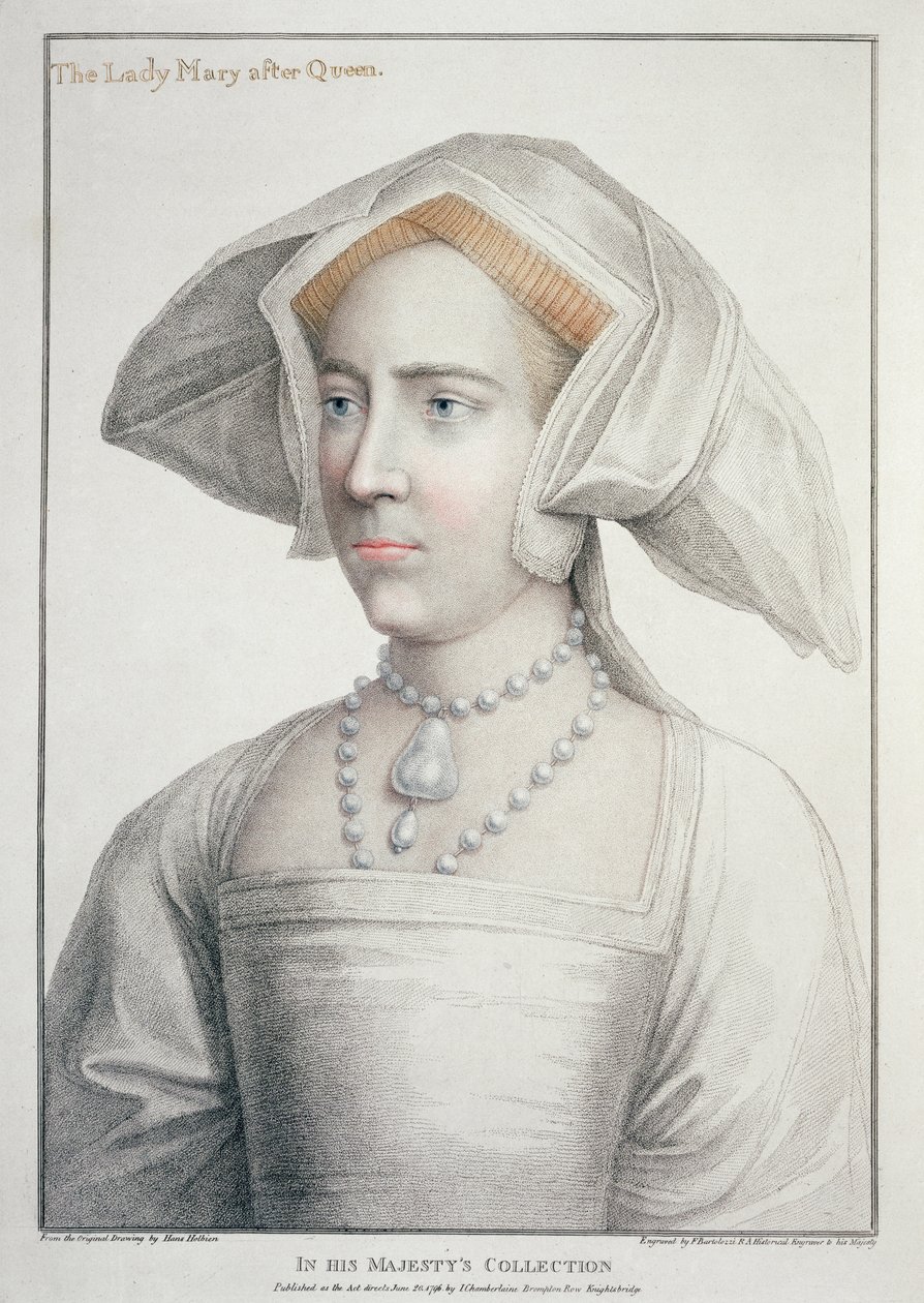 Porträtt av Lady Mary efter drottning (1516-58) graverad av Francesco Bartolozzi (1727-1815) 1796 (gravyr) av Hans (after) Holbein the Younger