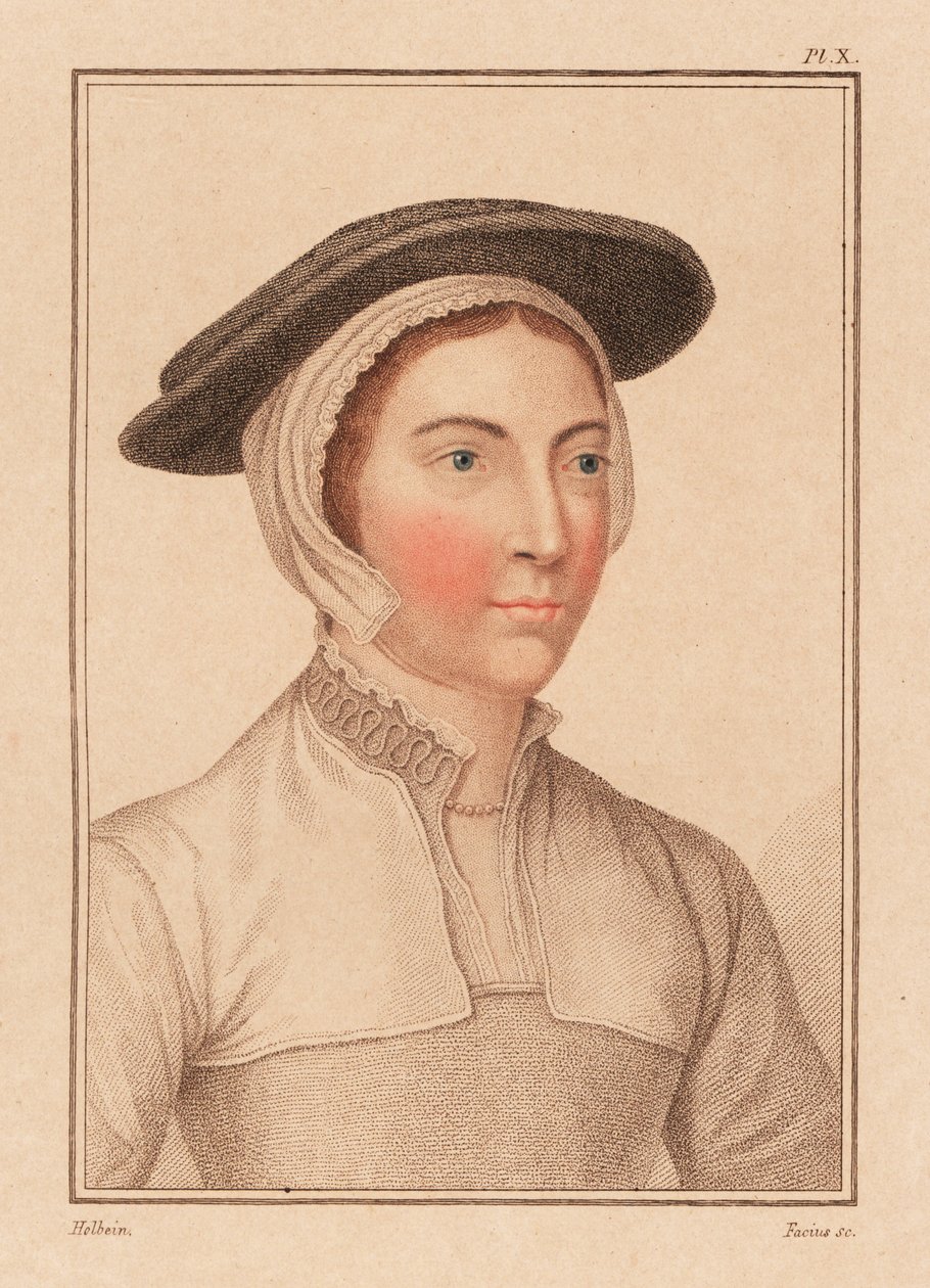 Porträtt av okänd kvinna från kung Henrik VIII:s hov, 1812 (gravyr) av Hans (after) Holbein the Younger