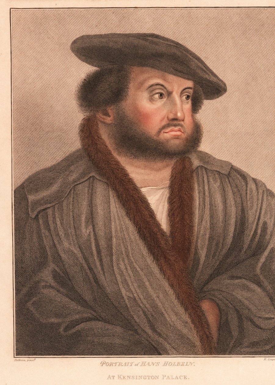 Självporträtt av konstnären Hans Holbein på Kensington Palace. ,1812 (gravyr) av Hans (after) Holbein the Younger