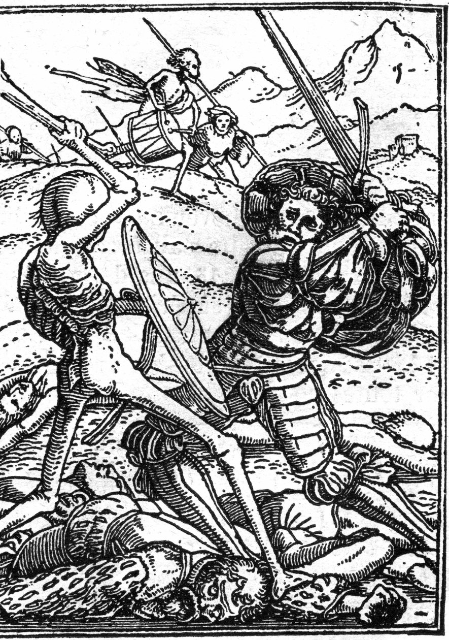 Hans Holbein den unges skendöd (1497-1543): soldaten. En soldat bekämpar döden; vid deras fötter ligger andra krigares kroppar. Gravyr. av Hans (after) Holbein the Younger