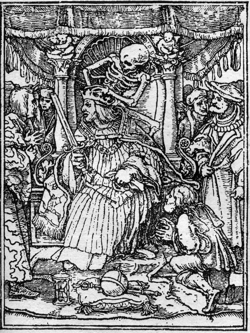 Simuleringarna av Hans Holbein den unges död (1497-1543): kejsaren. Medan Döden tar bort kejsarens krona, ber en bonde honom om rättvisa. Gravyr. av Hans (after) Holbein the Younger