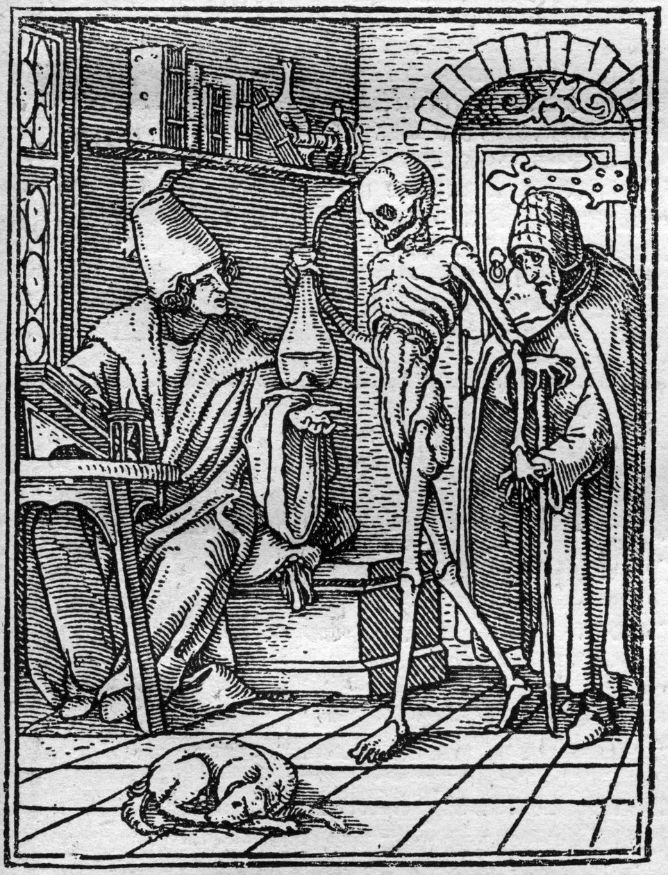 Simuleringarna av Hans Holbein den yngres (1497-1543) död: doktorn. Döden kommer mellan läkaren och hans patient. Gravyr. av Hans (after) Holbein the Younger