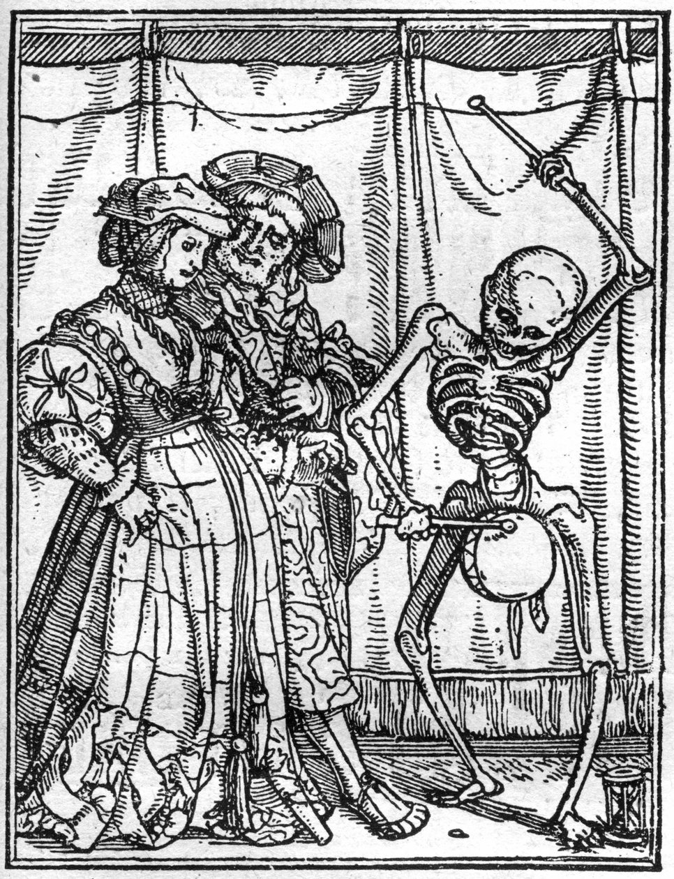 Simuleringarna av Hans Holbein den yngres (1497-1543) död: männen. Döden spelar trumman inför ett par. Gravyr. av Hans (after) Holbein the Younger