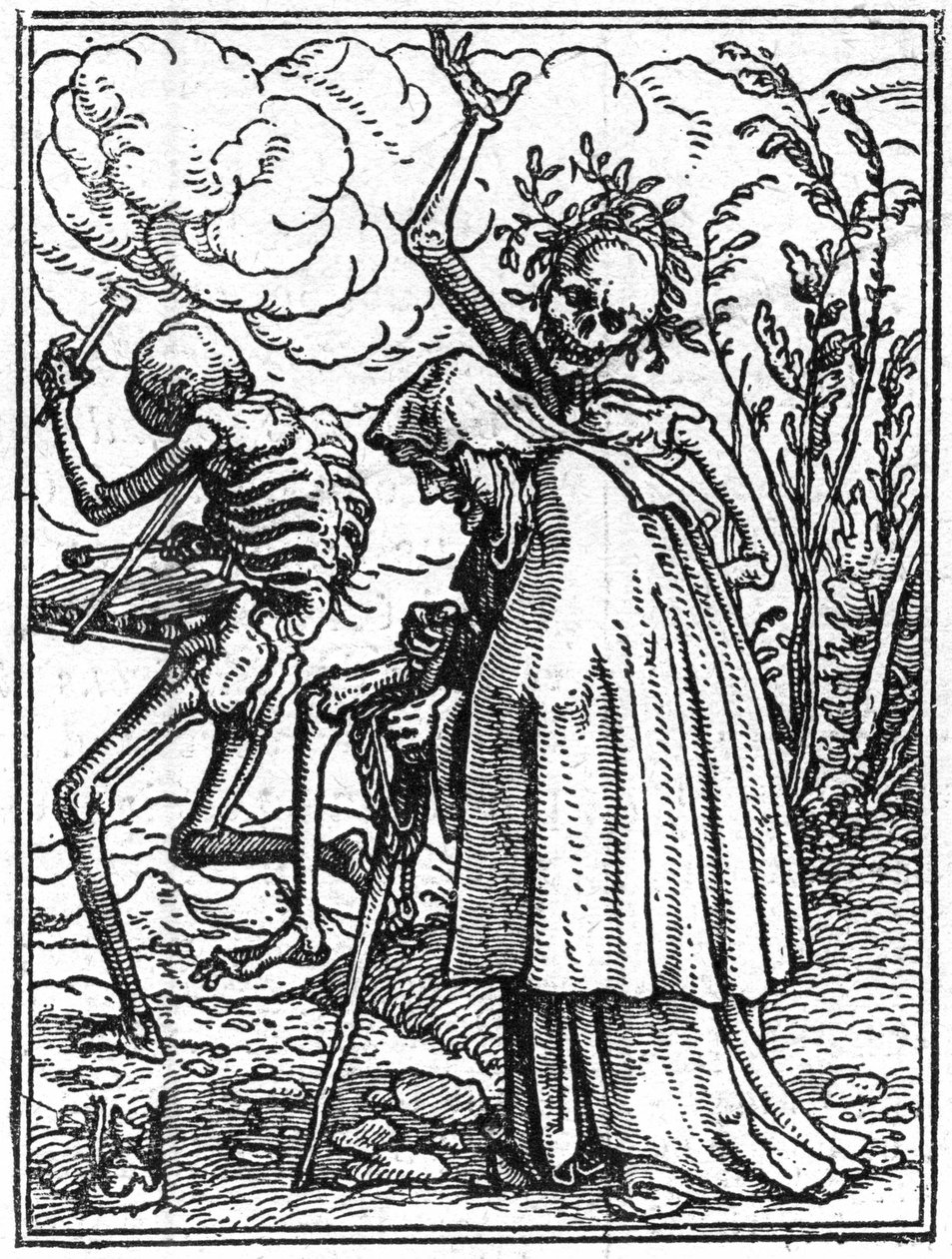 Simuleringarna av Hans Holbein den yngres död (1497-1543): den gamla. Döden följer med en gammal dam till hennes öde. Gravyr. av Hans (after) Holbein the Younger