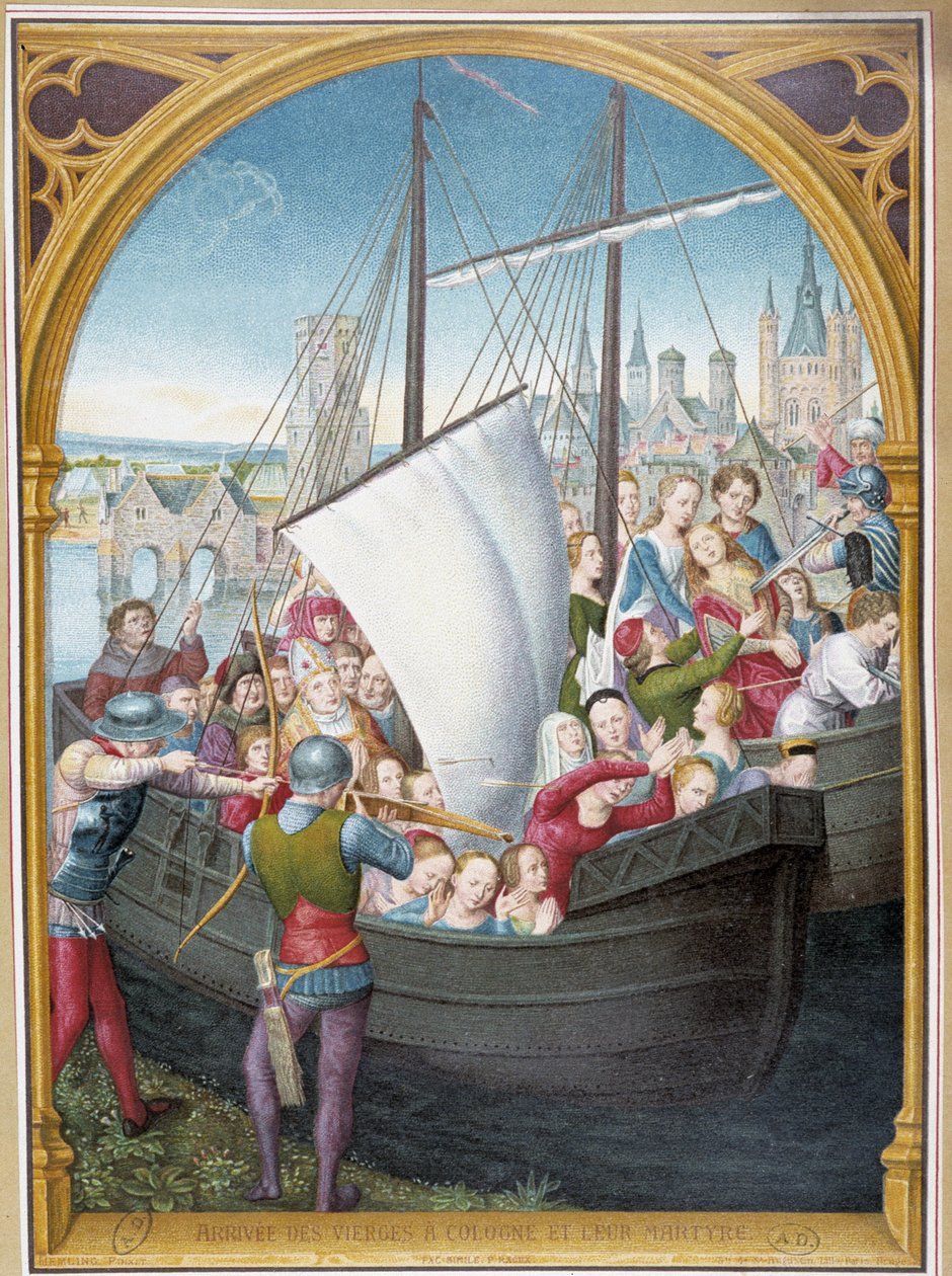 Jungfruernas landstigning i Köln och deras martyrskap, från ca. schack av Saint Ursula, Brygge, av Memling av Hans (after) Memling