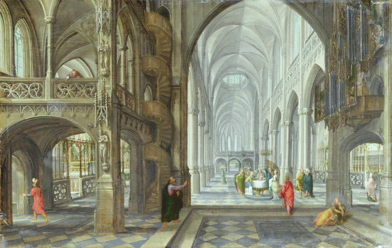 Interiören av en gotisk kyrka med Kristi omskärelse som äger rum i huvudgången, ca 1600 (olja på duk) av Hans (after) Vredeman de Vries
