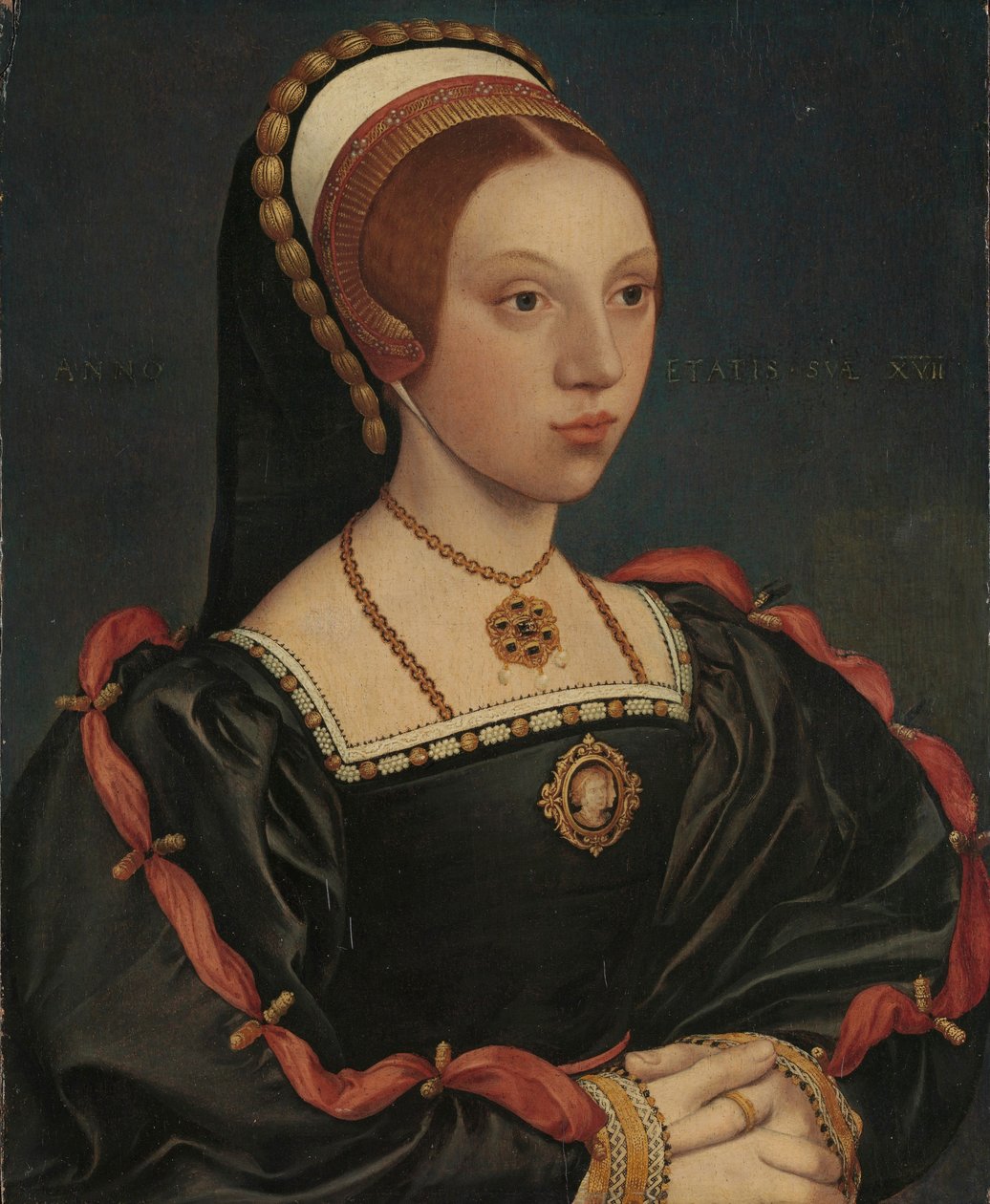 Porträtt av en ung kvinna, ca 1540-45 (olja och guld på ek) av Hans (attr. to) Holbein the Younger