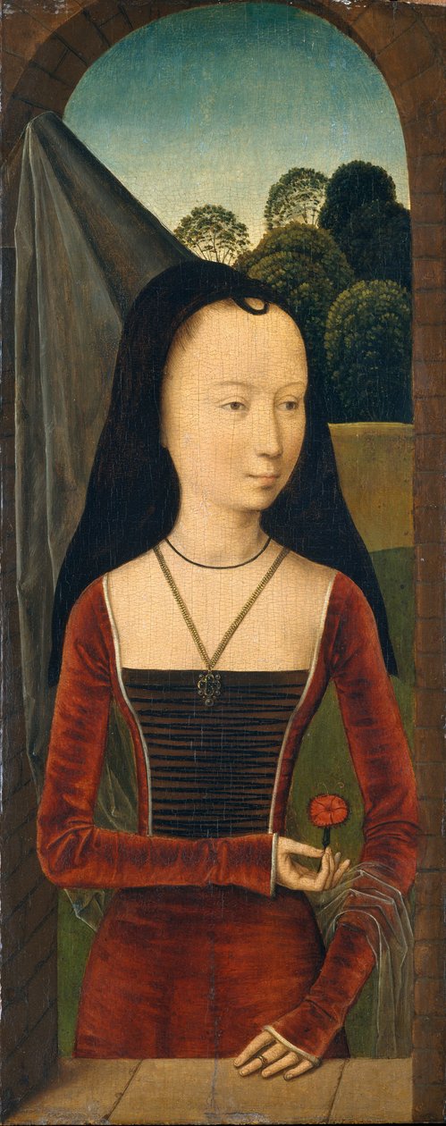 Ung kvinna med en rosa, ca 1485-90 (olja på trä) av Hans (attr.to) Memling