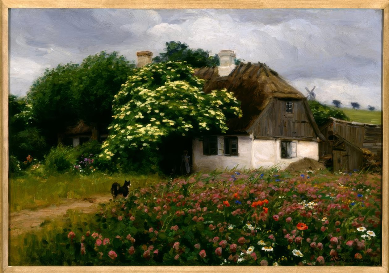 H.A. Brendekilde, blomsteräng på gården av Hans Andersen Brendekilde