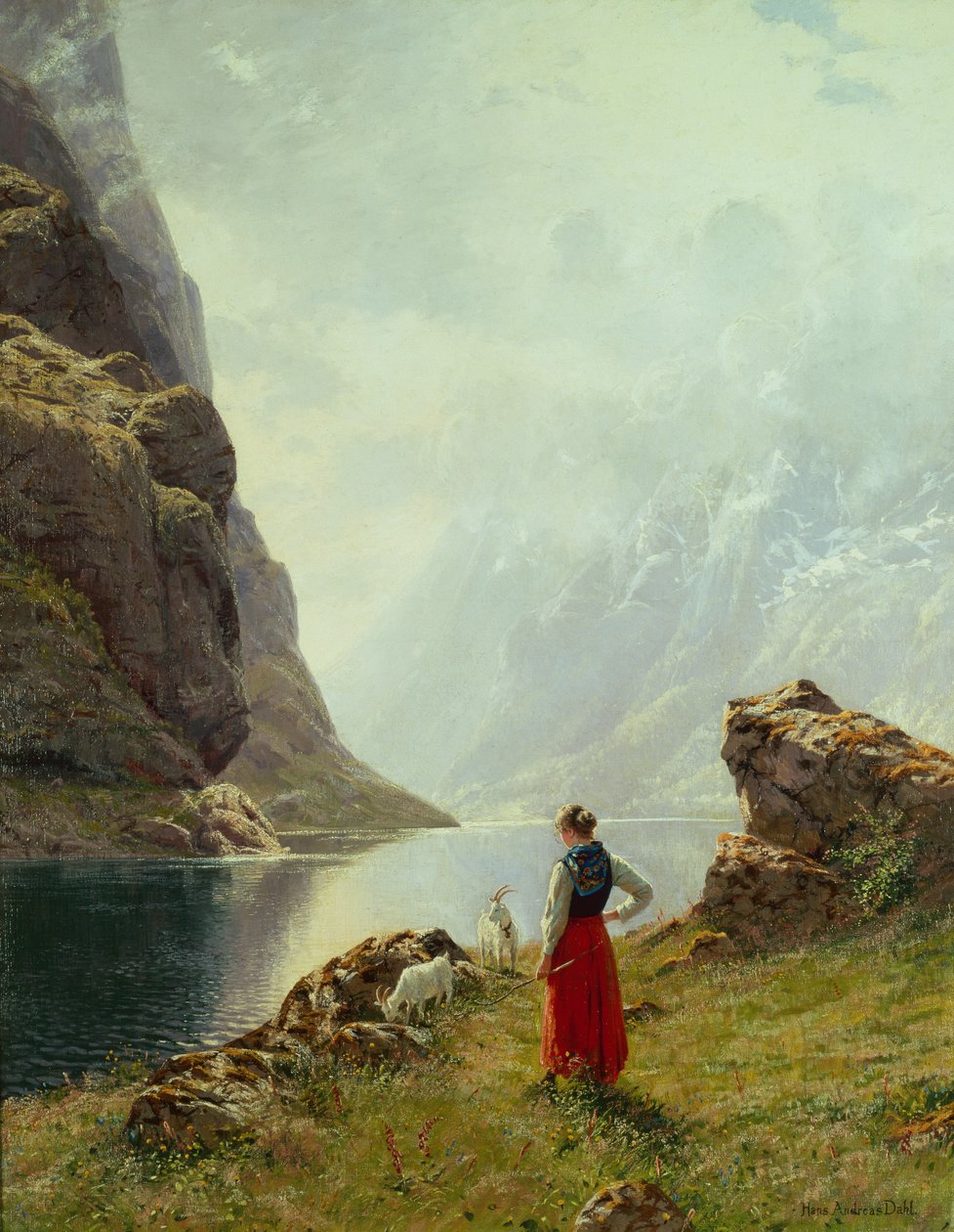 En flicka med getter vid en fjord (olja på duk) av Hans Andreas Dahl