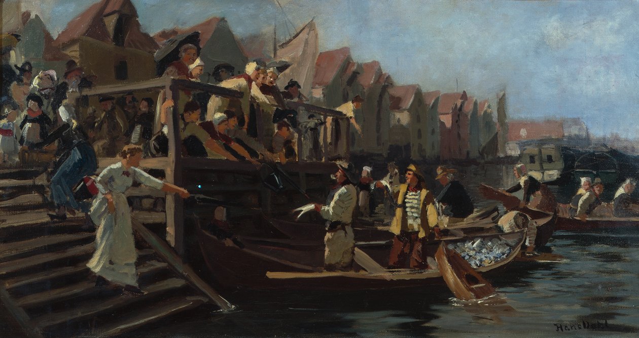 Budgivning på fiskmarknaden, Bergens triangel (olja på duk) av Hans Andreas Dahl