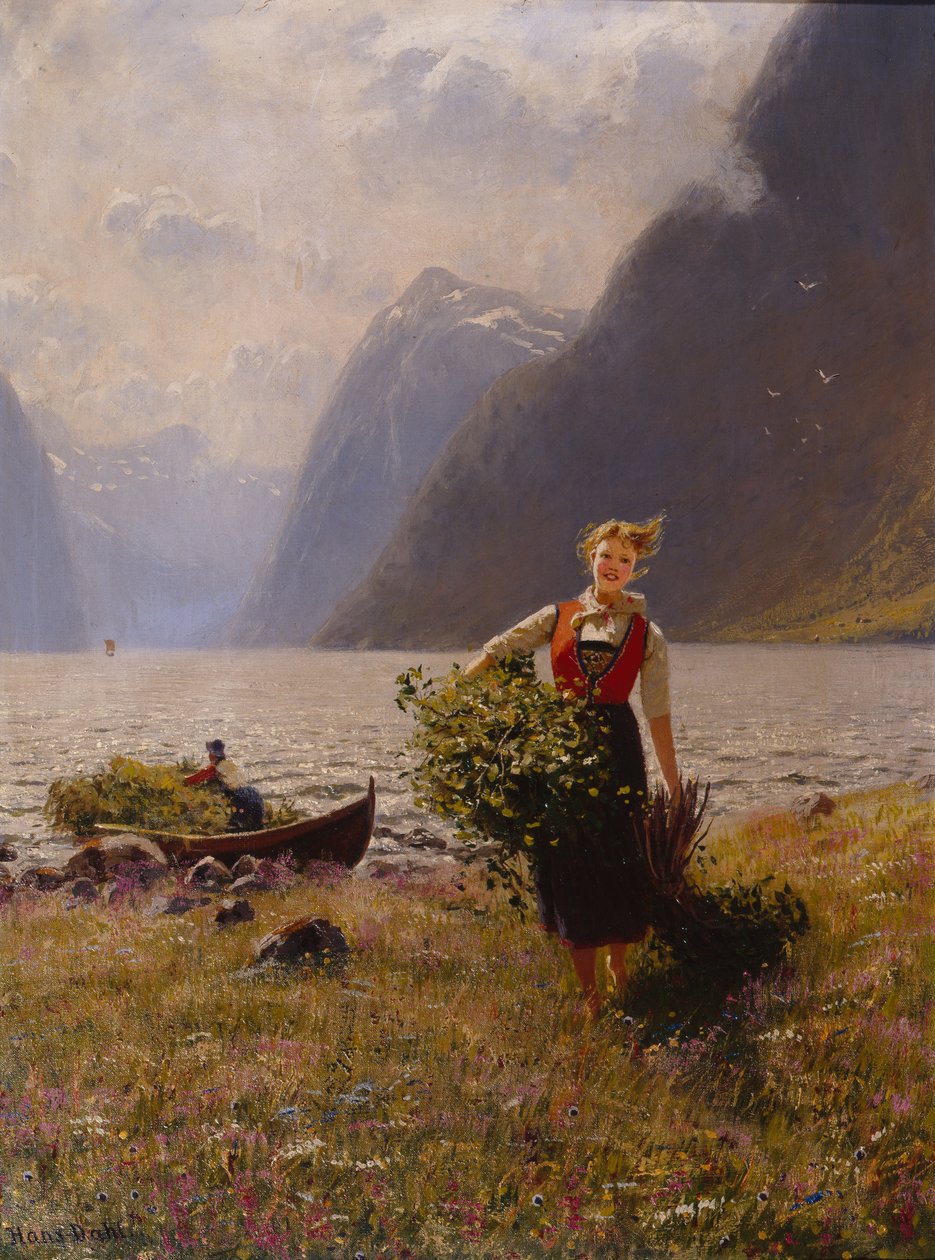 Dairymaid och knippe löv (olja på duk) av Hans Andreas Dahl