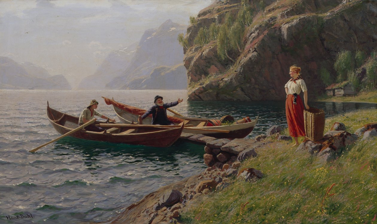 Vardagsliv i fjordarna (olja på duk) av Hans Andreas Dahl
