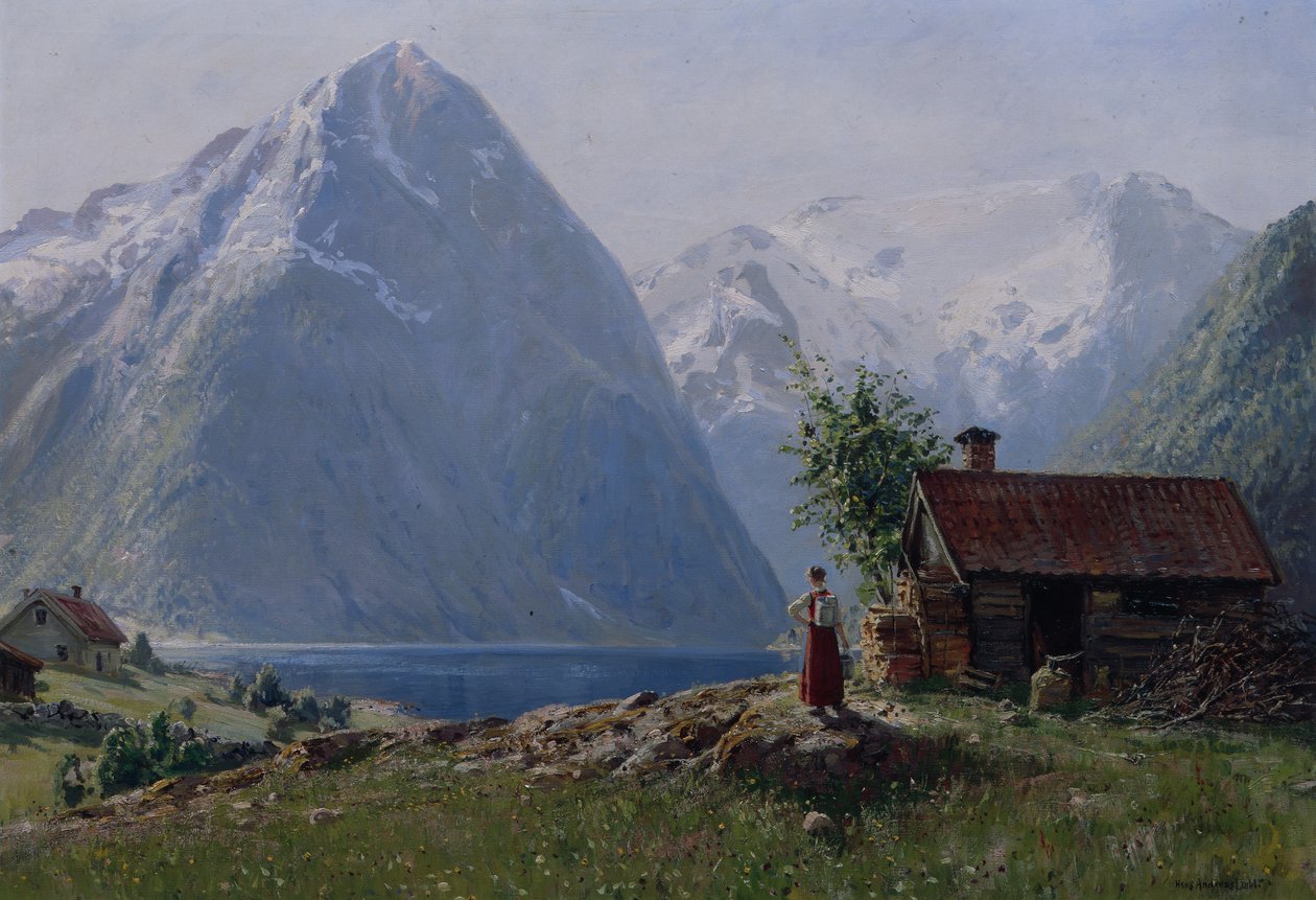 Flicka i ett fjordlandskap (olja på duk) av Hans Andreas Dahl