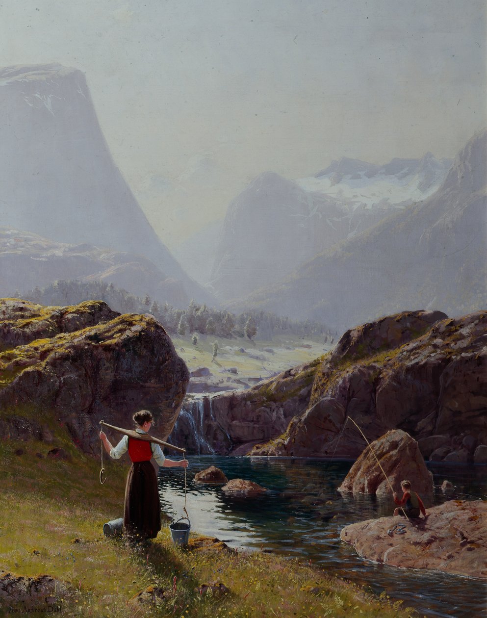 Tjej med hinkar med vatten och pojkfiske (olja på duk) av Hans Andreas Dahl
