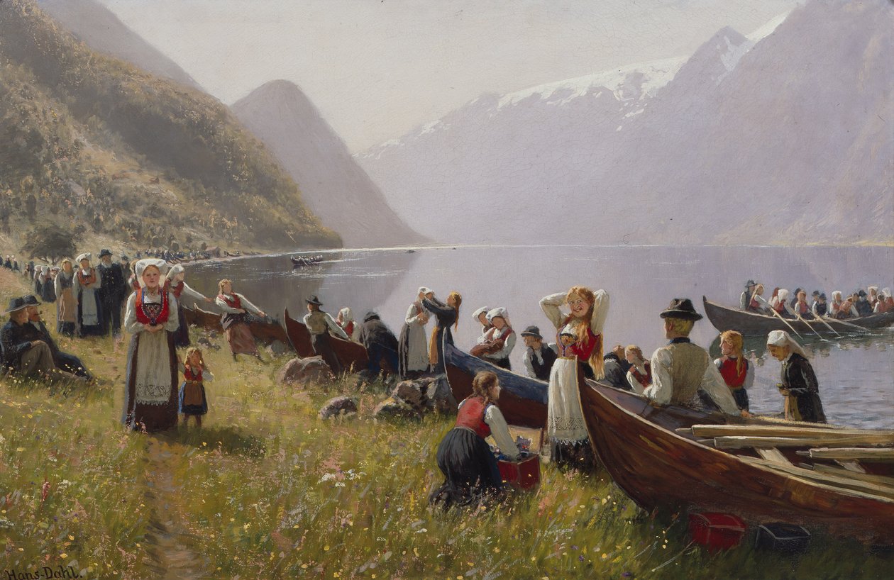 Gå till kyrkan i Hardanger (olja på duk) av Hans Andreas Dahl