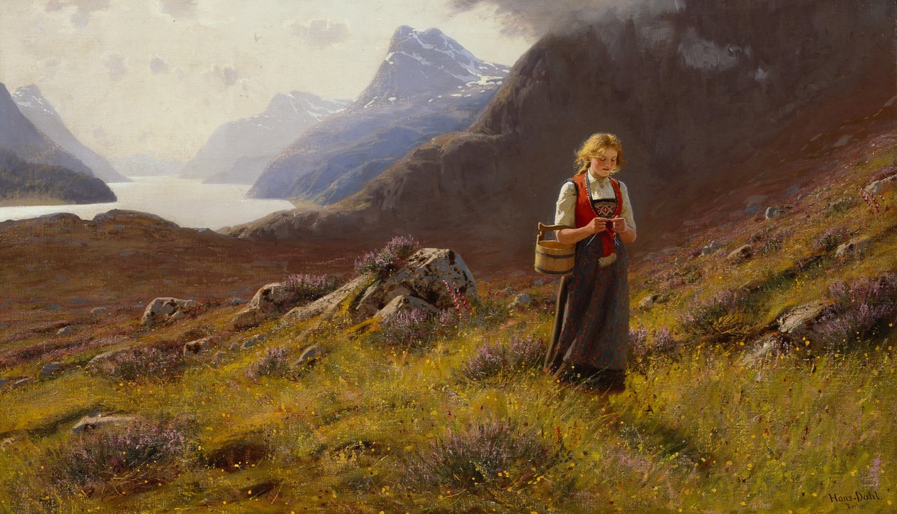 Knitting Dairymaid (olja på duk) av Hans Andreas Dahl