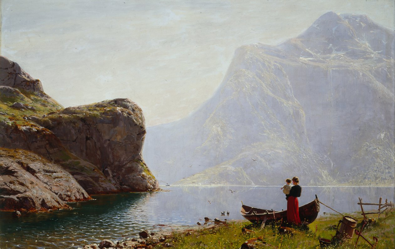 Kvinna och barn vid Fjordbanken (olja på duk) av Hans Andreas Dahl