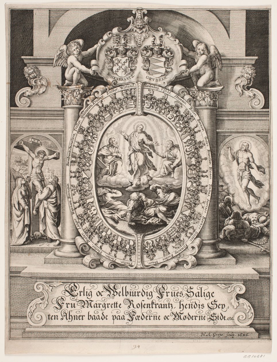 Kristi förklaring. Omgiven av Margrethe Rosenkrantz sköldar av Hans Andreas Greys