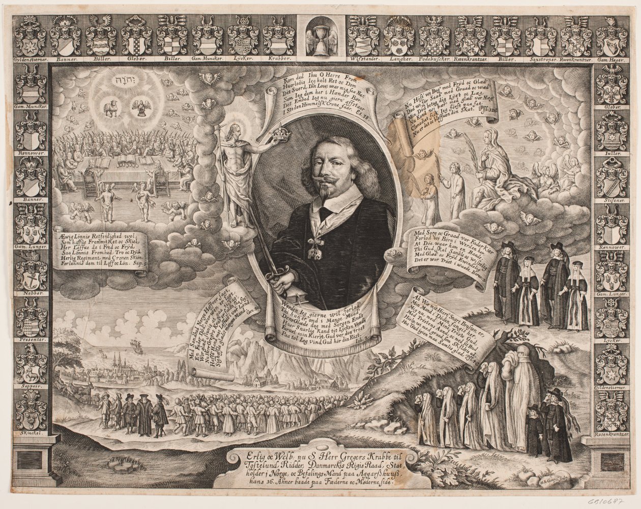Gregers Krabbe till Torstedlund omgiven av allegoriska framställningar och sköldar av Hans Andreas Greys