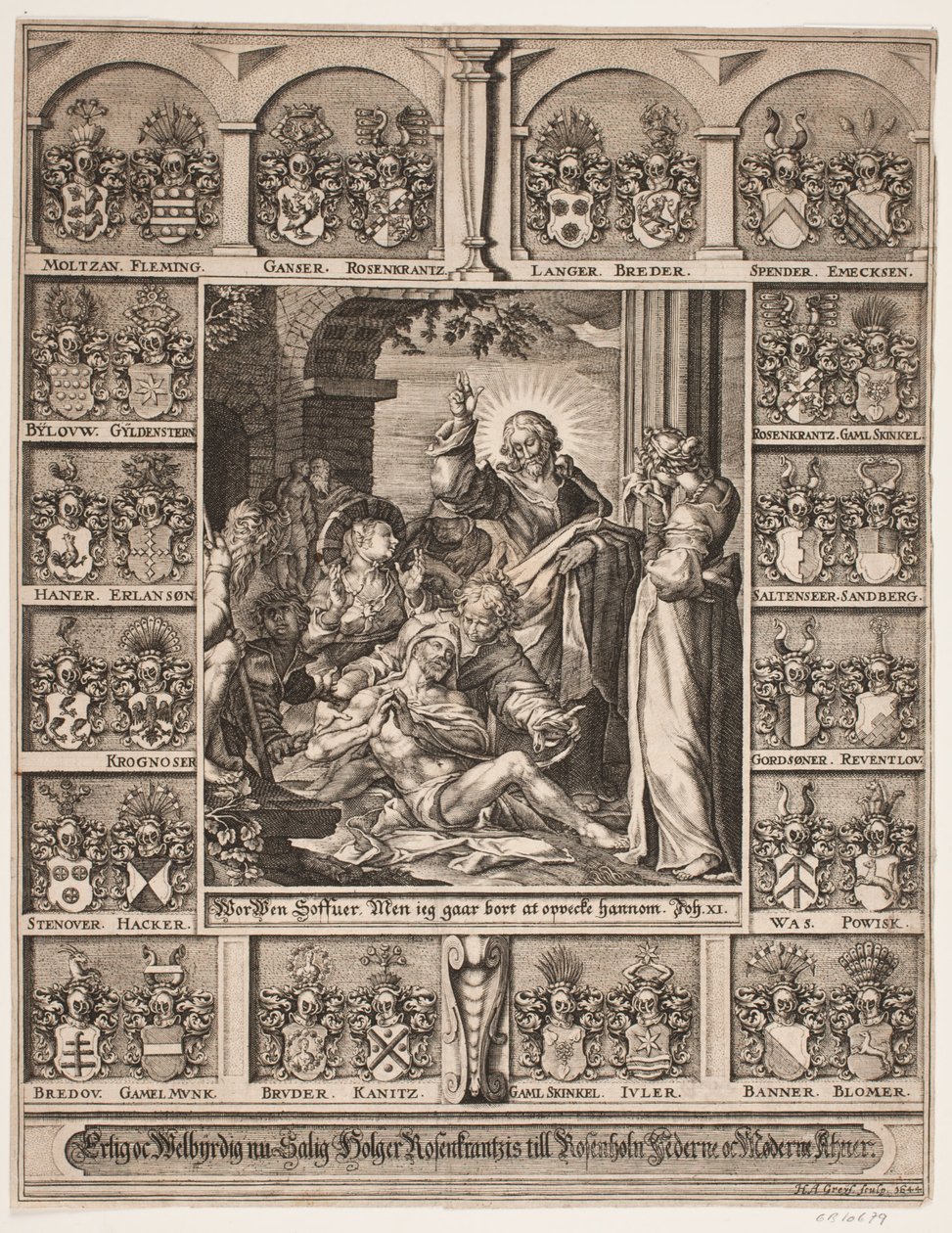 Lasarus uppväckande. Omgiven av Holger Rosenkrantz sköldar av Hans Andreas Greys