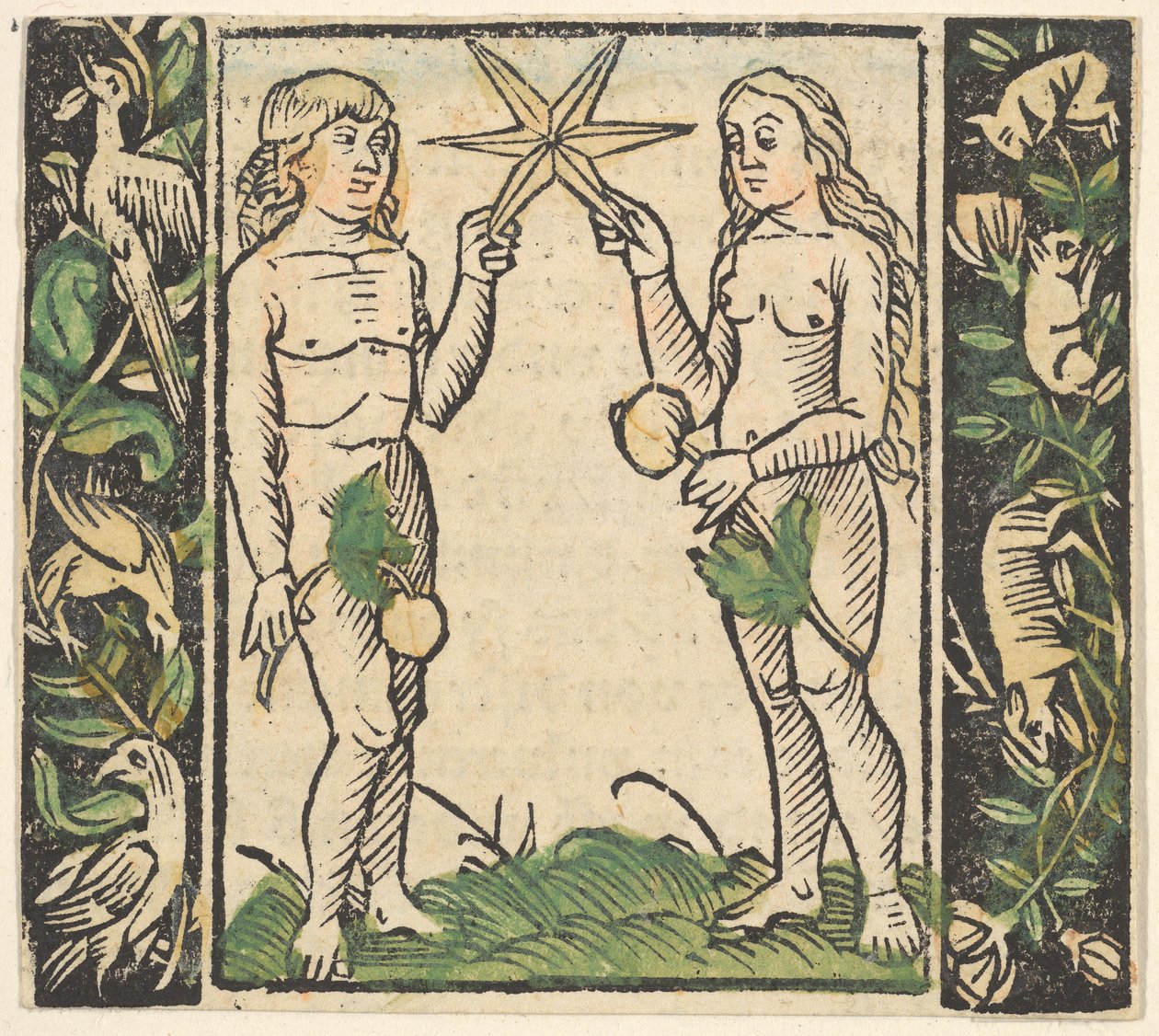 Adam och Eva håller en stjärna, illustration från Decided Gart des Rosary Mariae. av Hans Baldung