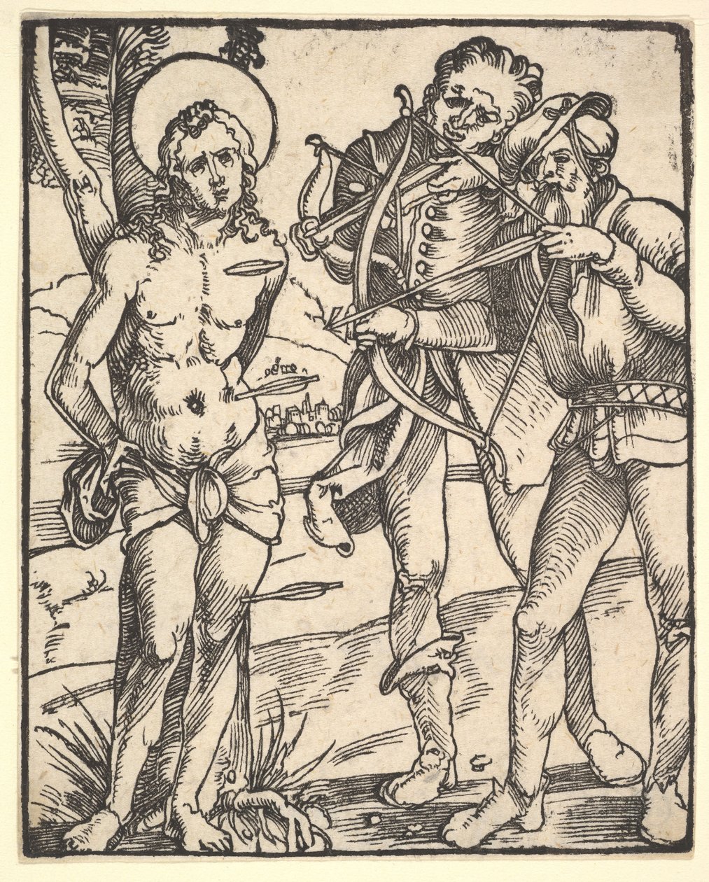 S:t Sebastians martyrskap med två armborstmän. av Hans Baldung