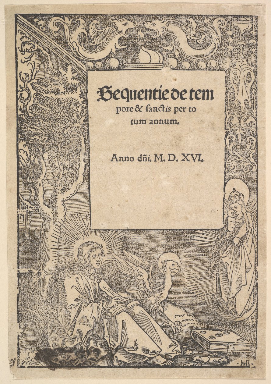 Sankt Johannes evangelisten på Patmos, titelsida från Hymni de tempore et de sanctis, 1516 av Hans Baldung