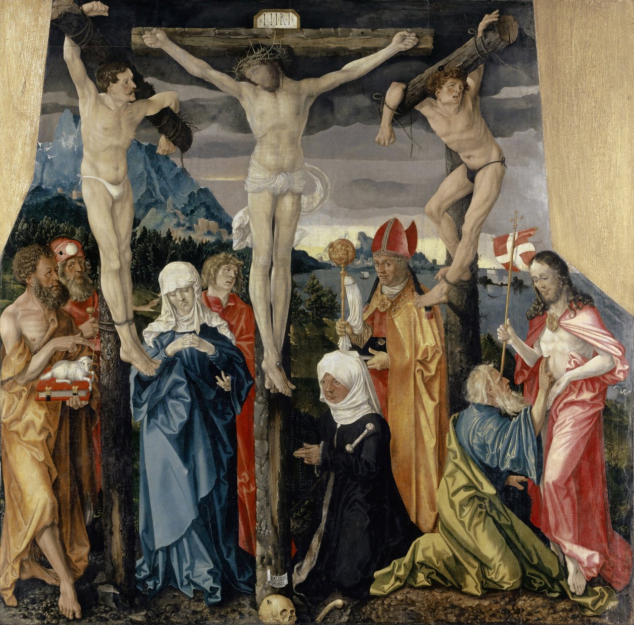 Kristus korsfäst med tjuvarna, heliga och en kvinnlig donator, 1512 av Hans Baldung Grien