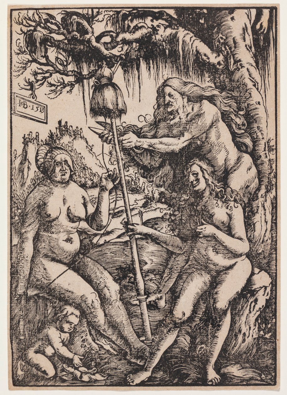 De tre ödesgudinnorna Lachesis, Atropos och Klotho av Hans Baldung Grien