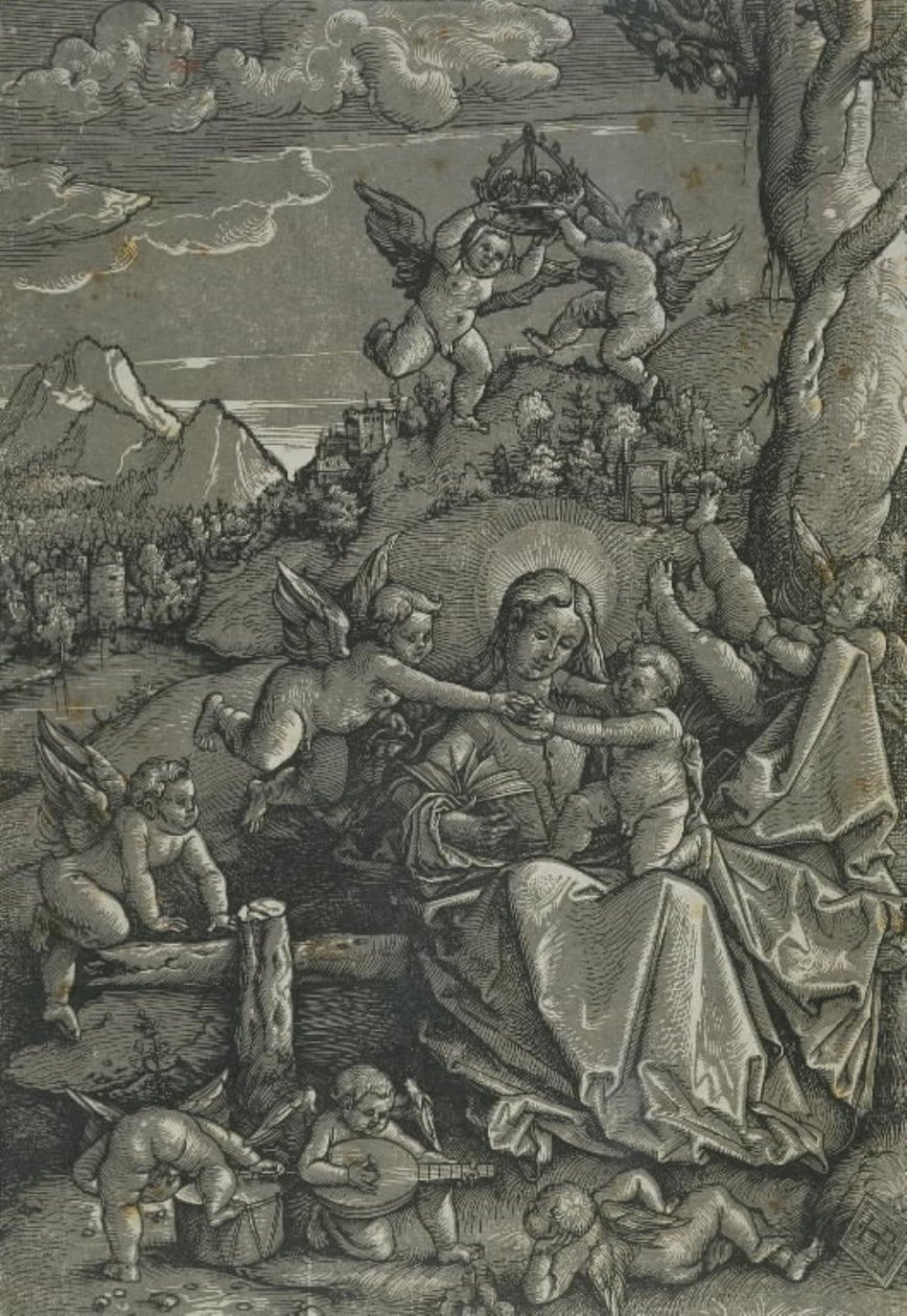 Madonna med barn och änglar i ett landskap av Hans Baldung Grien