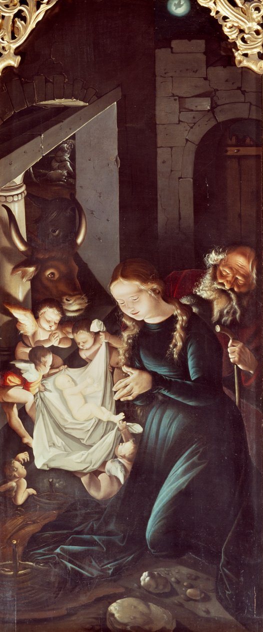 Kuzaliwa kwa Yesu, jopo la Hadithi za Bikira, na Hans Baldung (1484 au 1485-1545), Altarpiece of Freiburg cathedralswed av Hans Baldung Grien