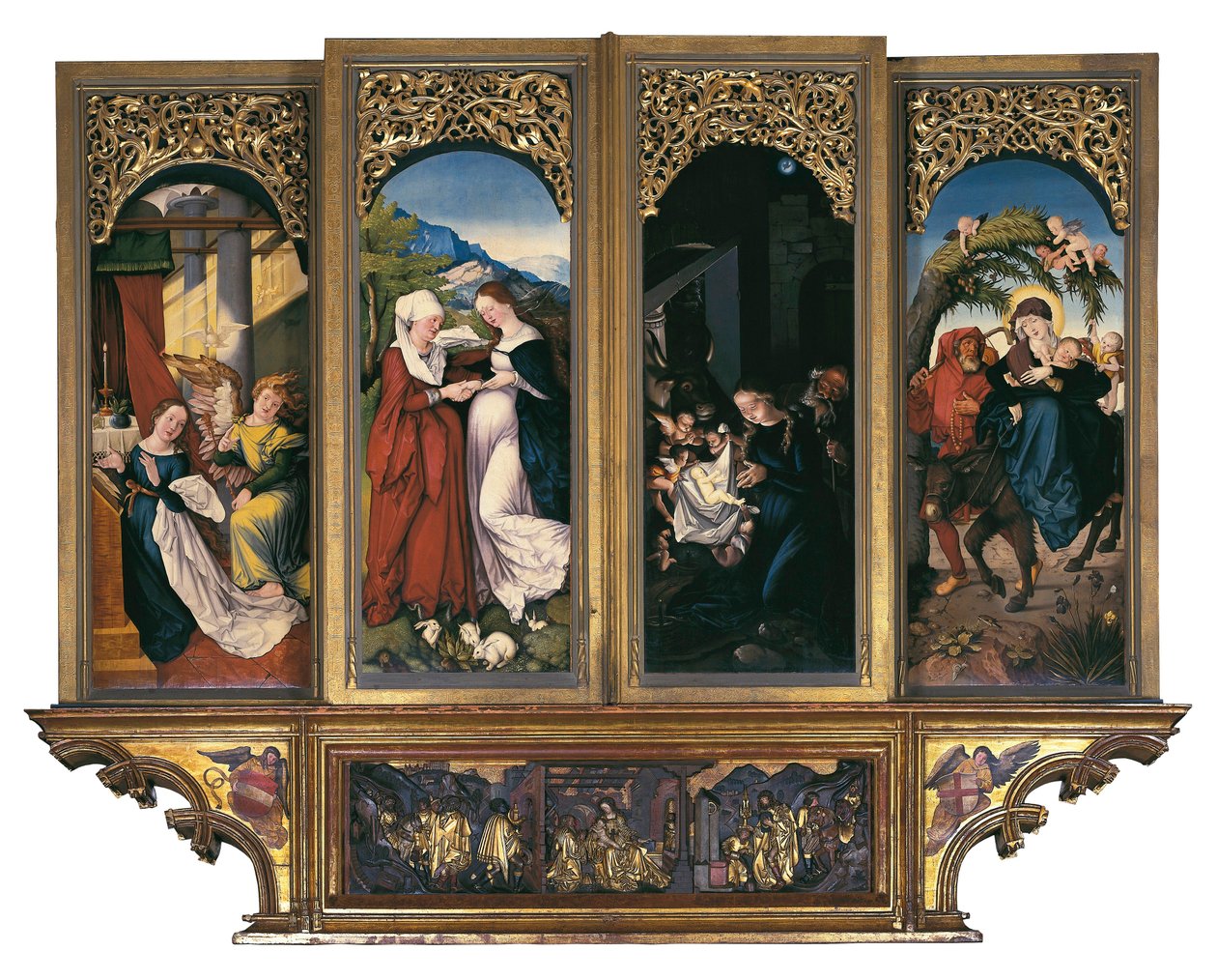 Scener ur Jungfruns liv: bebådelsen, visitationen, födseln och flykten till Egypten. Målning på trä av Hans Baldung dit Grien (1485-1544) Altare i katedralen Vår Fru av Freiburg Freiburg im Breisgau, Tyskland (målning på w av Hans Baldung Grien