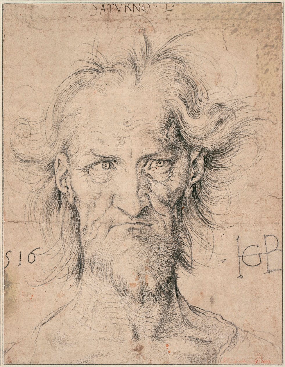Head of a Bearded Old Man, Saturn (Head of a Bearded Old Man ""Saturn"") - Teckning av Hans Baldung (1484-1545), svart krita på papper av Hans Baldung Grien