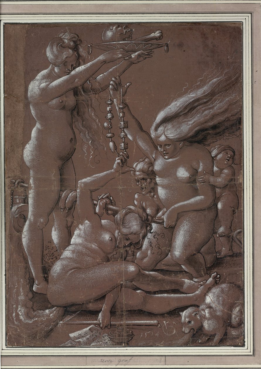 Häxans sabbat (Efter Hans Baldung) par Graf, Urs (ca 1485-1527/28). Penna, pensel, bläck, vit färg på papper, storlek: 29,5x21,7 av Hans Baldung Grien