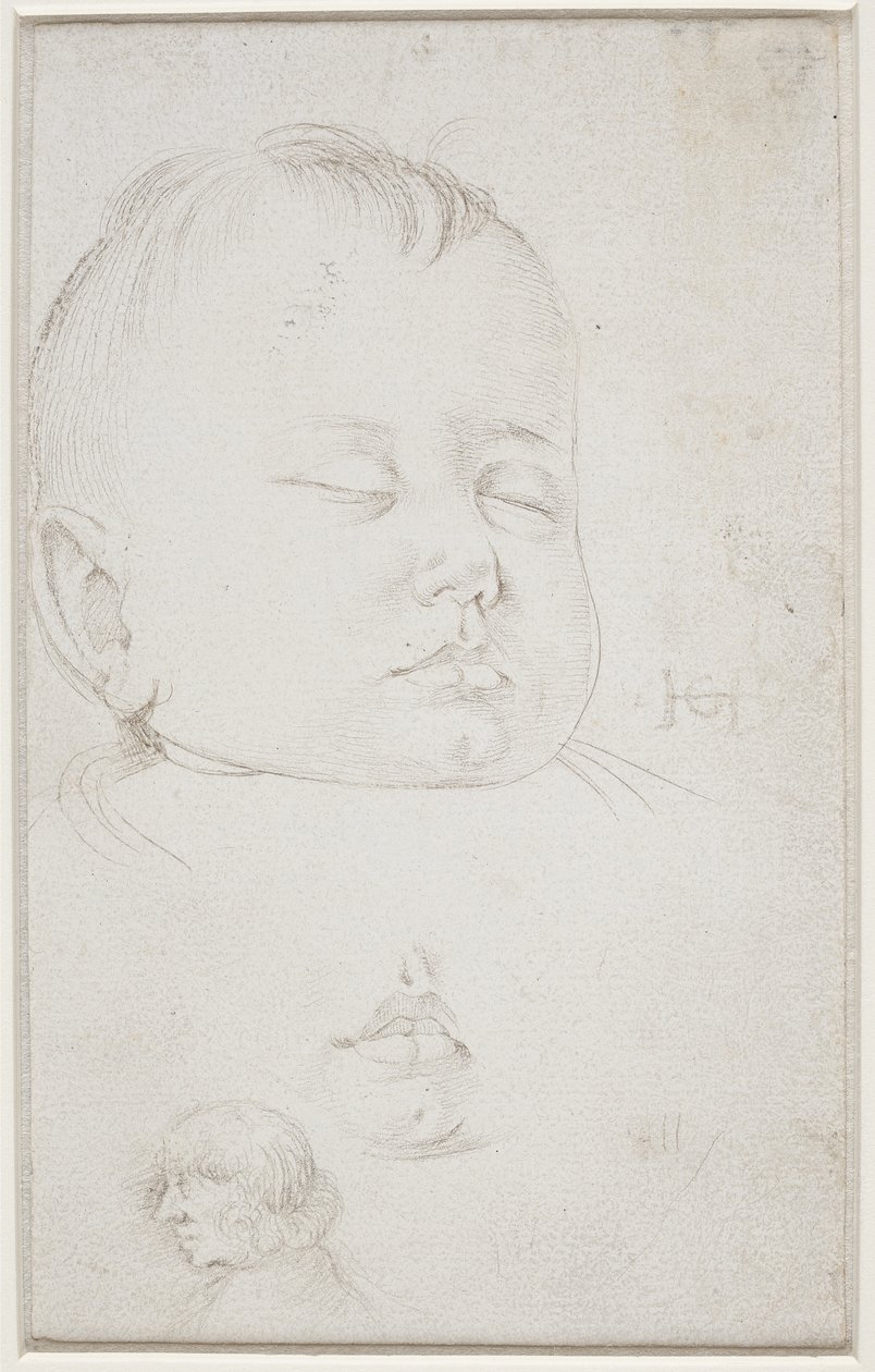 Huvudet på en liten pojke i trekvartsprofil, pojkens halvöppna mun och av Hans Baldung Grien