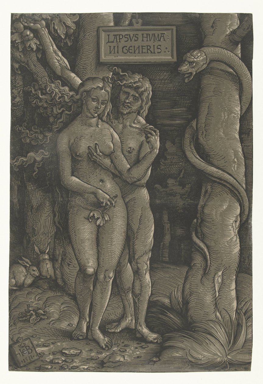 Adam och Evas frestelse i paradiset Människans fall Lapsvs Hvmani Generis (titel på objekt) av Hans Baldung Grien