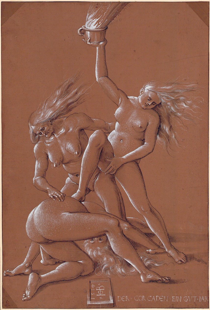 Nyårshälsning med tre häxor - Konstverk av Hans Baldung (1484-1545) bläck och vit krita på papper av Hans Baldung Grien
