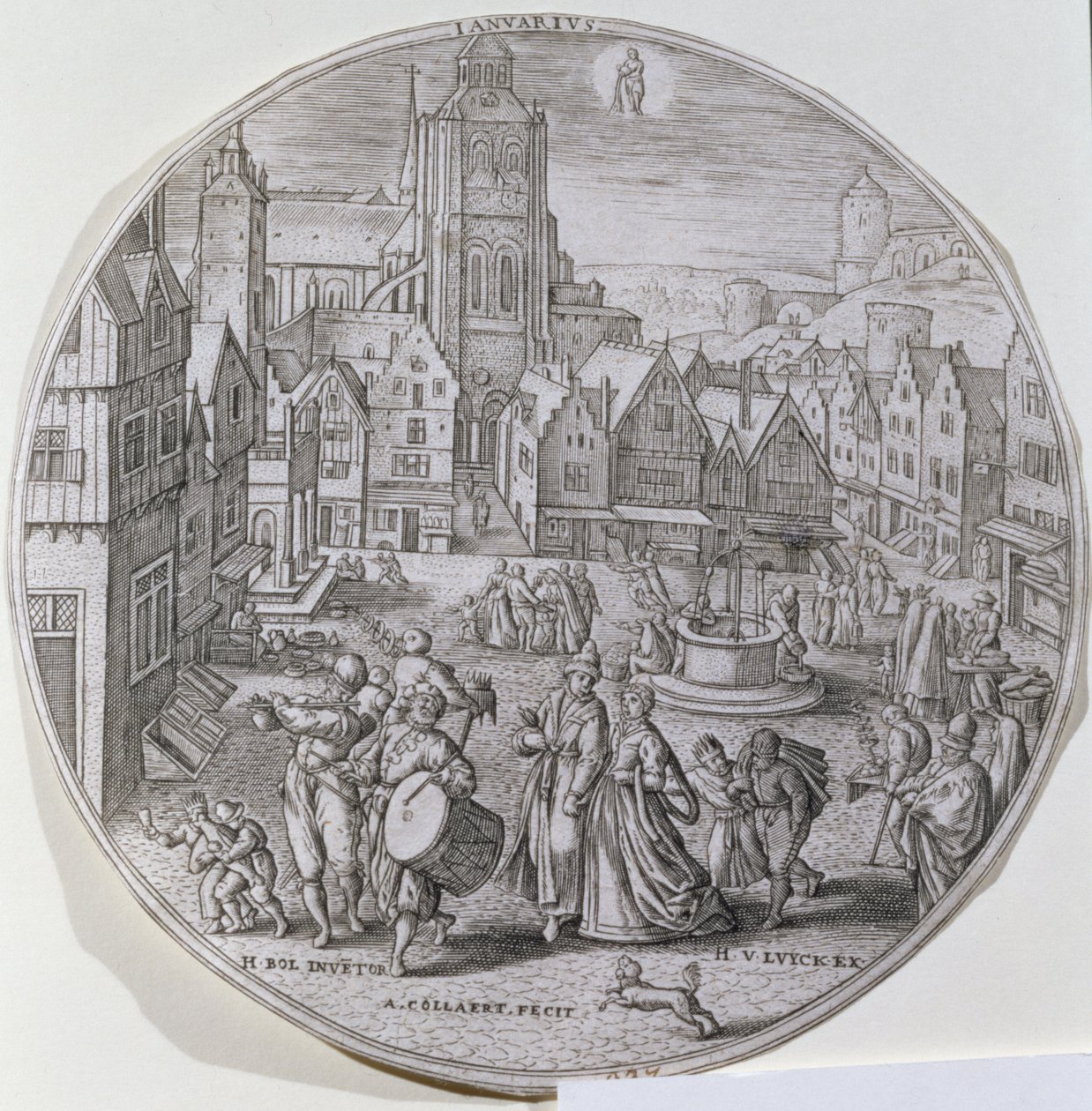 Januari, som visar borgare som firar tolfte natten på torget i Bergen, från en uppsättning av tolv "Årets månader", graverad av Adriaen Collaert (1560-1618) av Hans Bol