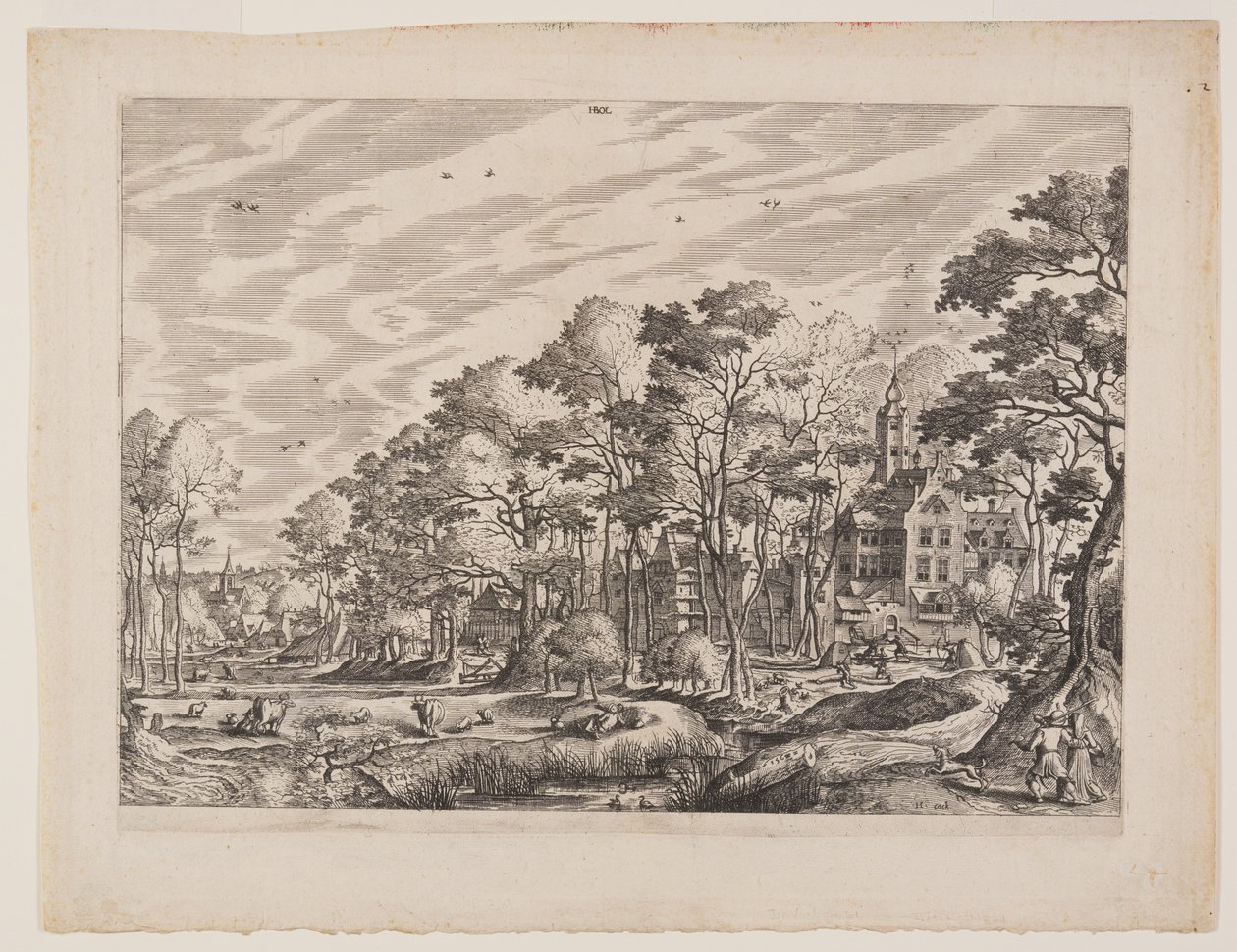 Vy över en by med ett slott till höger, plansch 1 ur Landskap med vyer över byar av Hans Bol