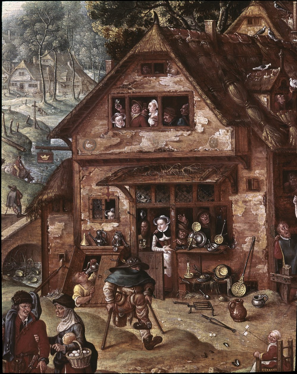 Utsikt över byn med burleska scener. Detalj av krogen av Hans Bol