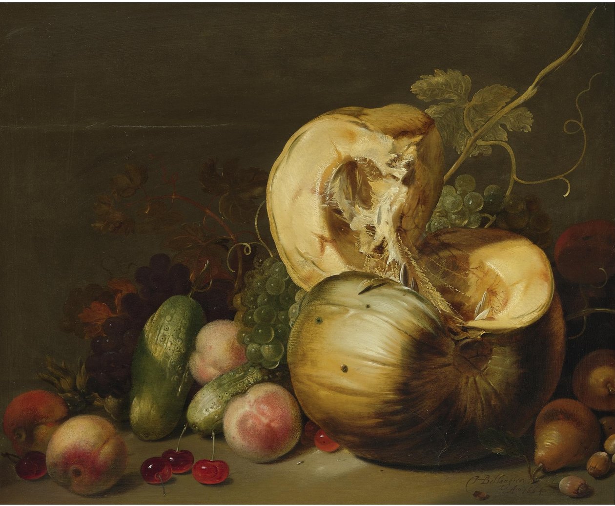 Stilleben med pumpa, persikor, vindruvor, körsbär och annan frukt av Hans Bollongier