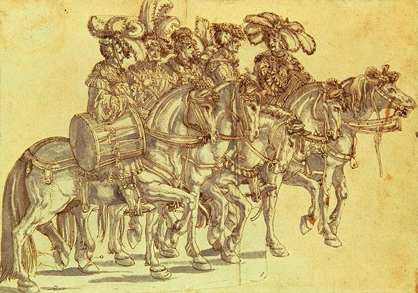 Fem trummisar till häst, ca 1500 (penna & bläck och tvätt på papper) av Hans Burgkmair