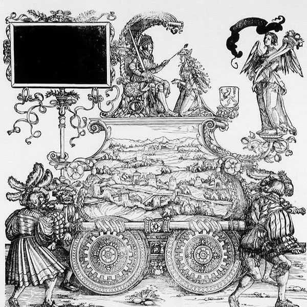 Scen från Maximilians triumftåg, ca 1516-18 (träsnitt) (svart/vitt foto) av Hans Burgkmair