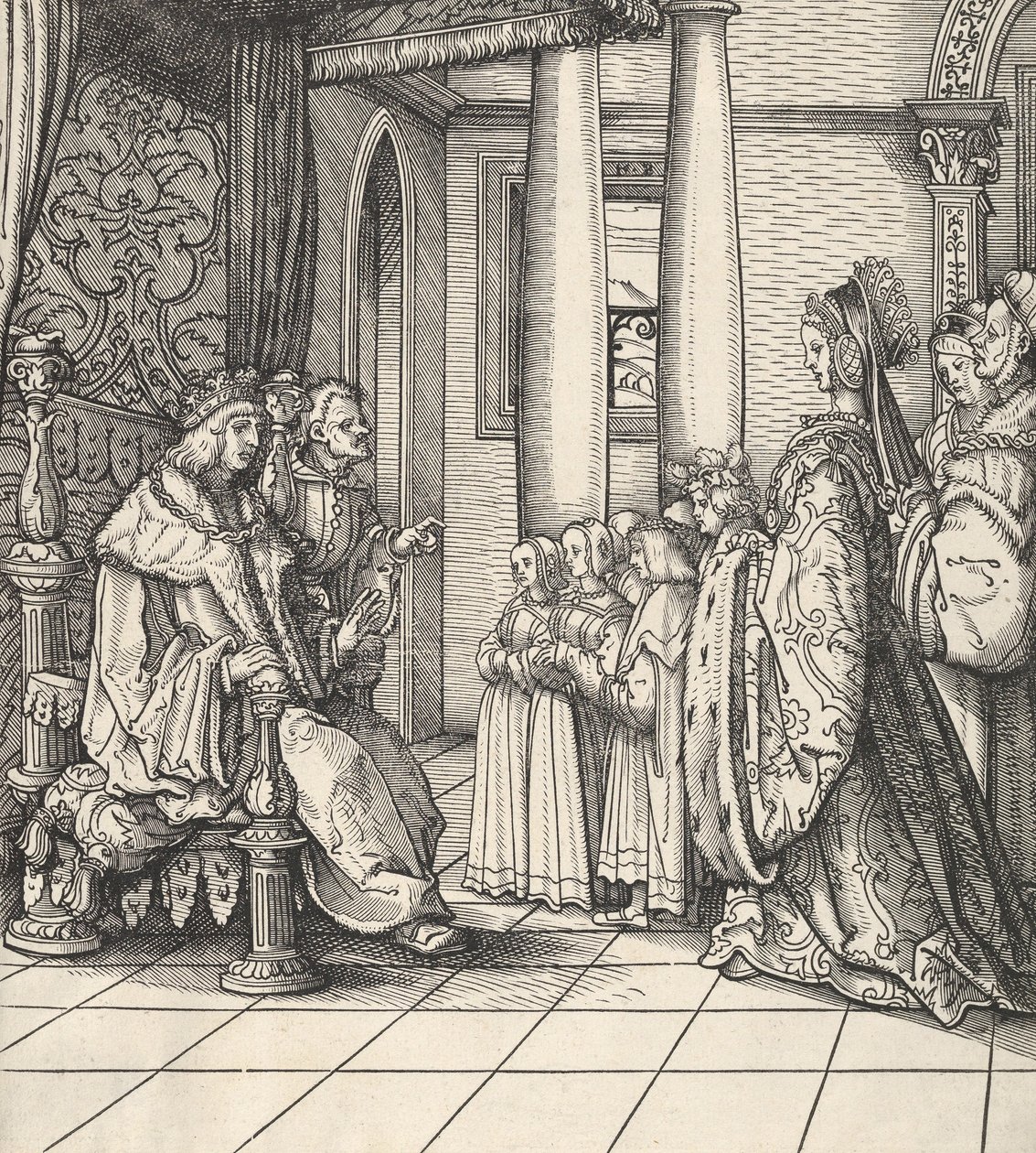 Den vita kungen tar emot sin dotter Margareta och kung Philips barn, från Der Weisskunig, 1514-16 av Hans Burgkmair
